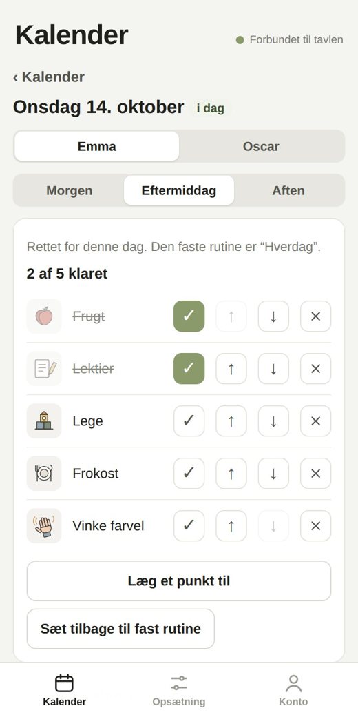 Telefonskærm hvor forælderen retter dagens liste