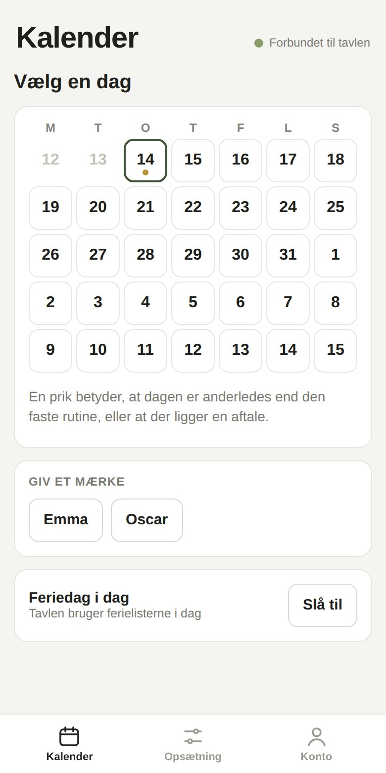 Telefonen viser en kalender med de næste fem uger, hvor dagens dato er markeret